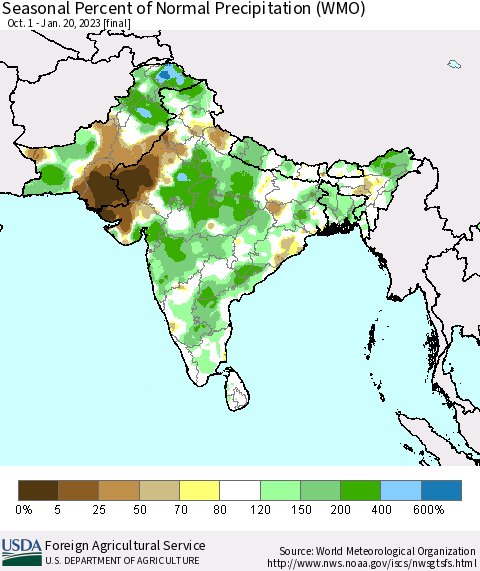Southern Asia Seasonal Percent of Normal Precipitation (WMO) Thematic Map For 10/1/2022 - 1/20/2023
