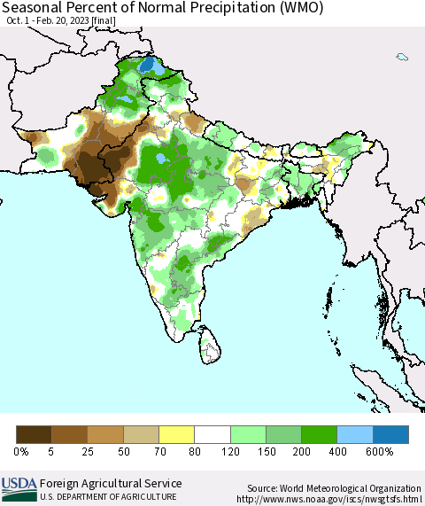 Southern Asia Seasonal Percent of Normal Precipitation (WMO) Thematic Map For 10/1/2022 - 2/20/2023