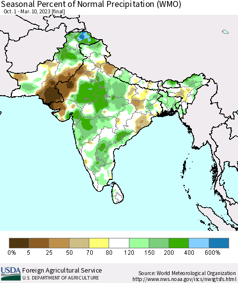 Southern Asia Seasonal Percent of Normal Precipitation (WMO) Thematic Map For 10/1/2022 - 3/10/2023