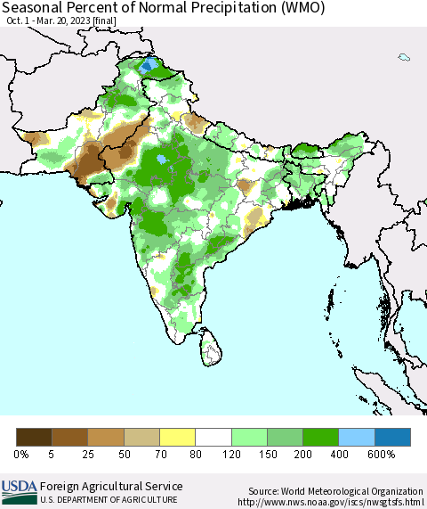 Southern Asia Seasonal Percent of Normal Precipitation (WMO) Thematic Map For 10/1/2022 - 3/20/2023