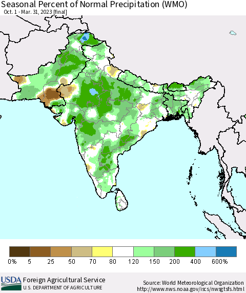 Southern Asia Seasonal Percent of Normal Precipitation (WMO) Thematic Map For 10/1/2022 - 3/31/2023