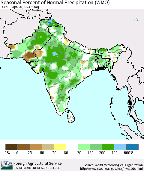 Southern Asia Seasonal Percent of Normal Precipitation (WMO) Thematic Map For 10/1/2022 - 4/20/2023