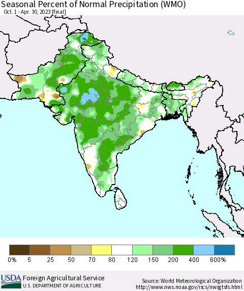 Southern Asia Seasonal Percent of Normal Precipitation (WMO) Thematic Map For 10/1/2022 - 4/30/2023