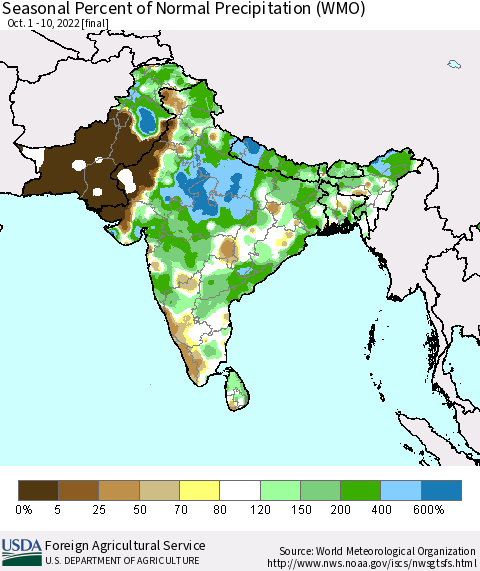 Southern Asia Seasonal Percent of Normal Precipitation (WMO) Thematic Map For 10/1/2022 - 10/10/2022