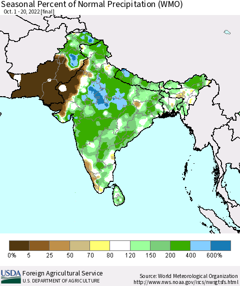 Southern Asia Seasonal Percent of Normal Precipitation (WMO) Thematic Map For 10/1/2022 - 10/20/2022