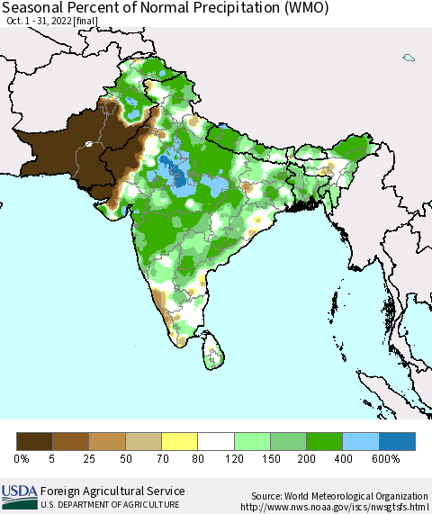 Southern Asia Seasonal Percent of Normal Precipitation (WMO) Thematic Map For 10/1/2022 - 10/31/2022
