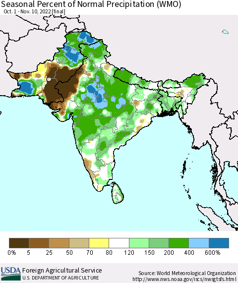 Southern Asia Seasonal Percent of Normal Precipitation (WMO) Thematic Map For 10/1/2022 - 11/10/2022