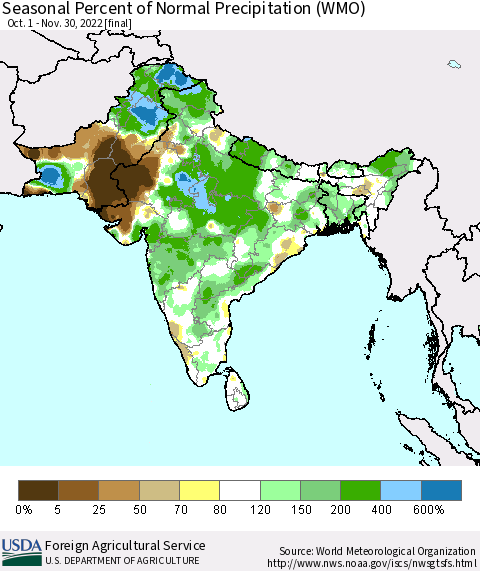 Southern Asia Seasonal Percent of Normal Precipitation (WMO) Thematic Map For 10/1/2022 - 11/30/2022