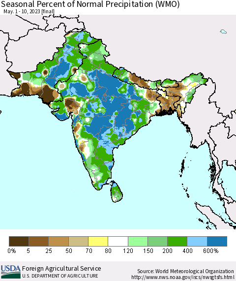 Southern Asia Seasonal Percent of Normal Precipitation (WMO) Thematic Map For 5/1/2023 - 5/10/2023