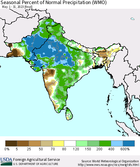 Southern Asia Seasonal Percent of Normal Precipitation (WMO) Thematic Map For 5/1/2023 - 5/31/2023