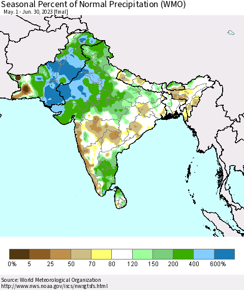 Southern Asia Seasonal Percent of Normal Precipitation (WMO) Thematic Map For 5/1/2023 - 6/30/2023