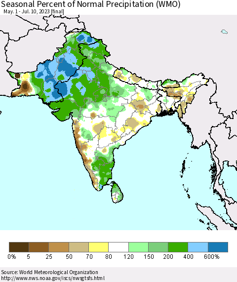 Southern Asia Seasonal Percent of Normal Precipitation (WMO) Thematic Map For 5/1/2023 - 7/10/2023