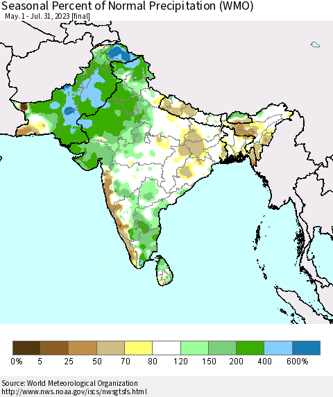 Southern Asia Seasonal Percent of Normal Precipitation (WMO) Thematic Map For 5/1/2023 - 7/31/2023