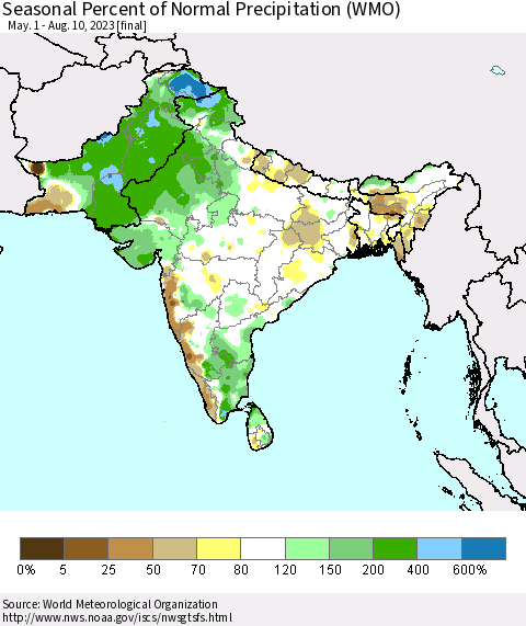 Southern Asia Seasonal Percent of Normal Precipitation (WMO) Thematic Map For 5/1/2023 - 8/10/2023