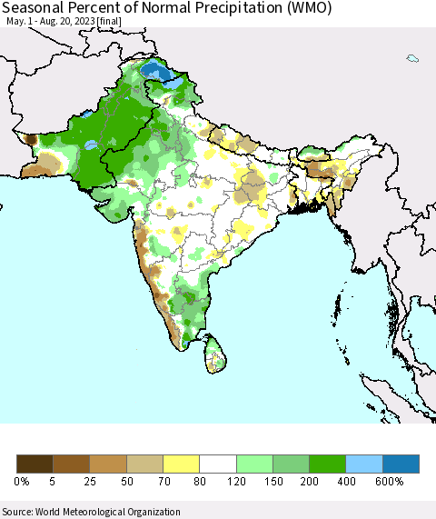 Southern Asia Seasonal Percent of Normal Precipitation (WMO) Thematic Map For 5/1/2023 - 8/20/2023