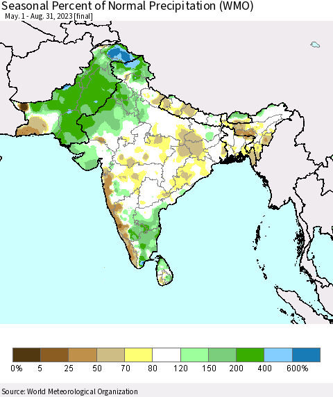 Southern Asia Seasonal Percent of Normal Precipitation (WMO) Thematic Map For 5/1/2023 - 8/31/2023