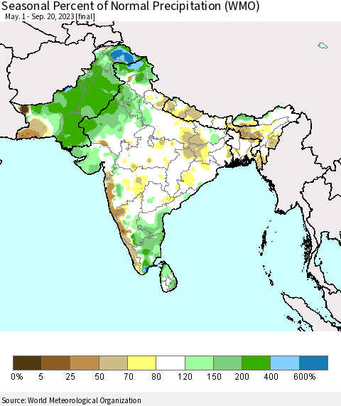 Southern Asia Seasonal Percent of Normal Precipitation (WMO) Thematic Map For 5/1/2023 - 9/20/2023
