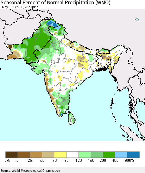 Southern Asia Seasonal Percent of Normal Precipitation (WMO) Thematic Map For 5/1/2023 - 9/30/2023