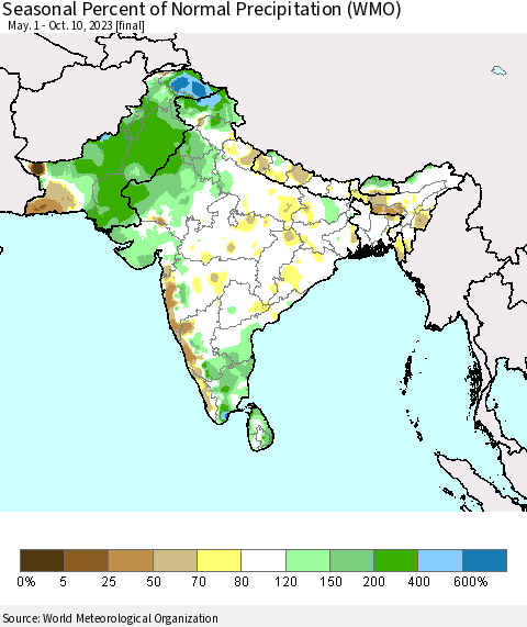 Southern Asia Seasonal Percent of Normal Precipitation (WMO) Thematic Map For 5/1/2023 - 10/10/2023