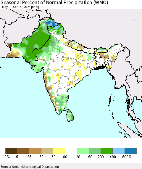 Southern Asia Seasonal Percent of Normal Precipitation (WMO) Thematic Map For 5/1/2023 - 10/20/2023