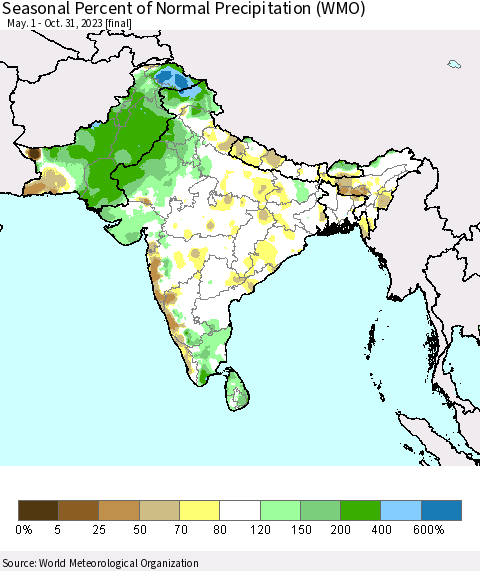 Southern Asia Seasonal Percent of Normal Precipitation (WMO) Thematic Map For 5/1/2023 - 10/31/2023