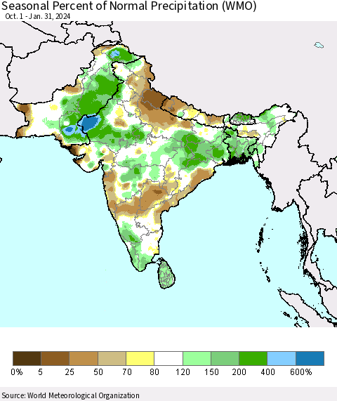 Southern Asia Seasonal Percent of Normal Precipitation (WMO) Thematic Map For 10/1/2023 - 1/31/2024