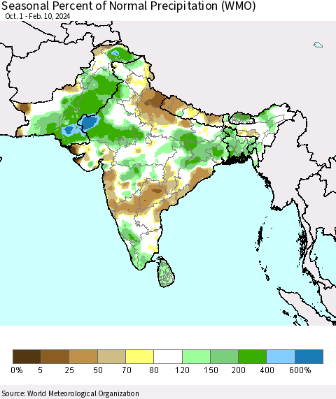 Southern Asia Seasonal Percent of Normal Precipitation (WMO) Thematic Map For 10/1/2023 - 2/10/2024