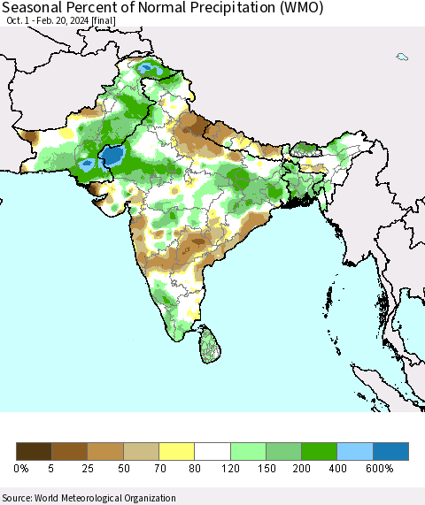 Southern Asia Seasonal Percent of Normal Precipitation (WMO) Thematic Map For 10/1/2023 - 2/20/2024