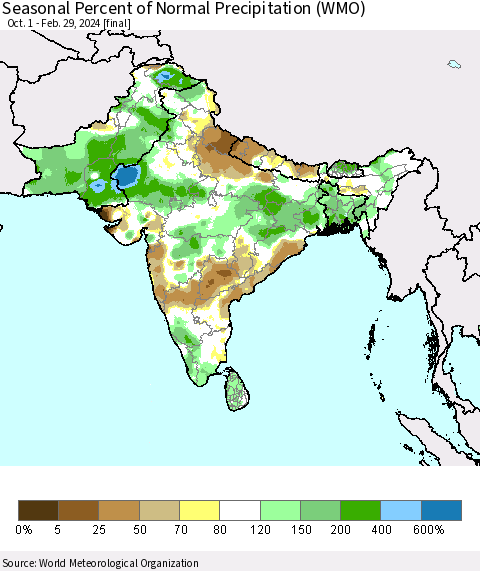 Southern Asia Seasonal Percent of Normal Precipitation (WMO) Thematic Map For 10/1/2023 - 2/29/2024