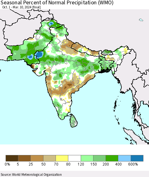 Southern Asia Seasonal Percent of Normal Precipitation (WMO) Thematic Map For 10/1/2023 - 3/10/2024
