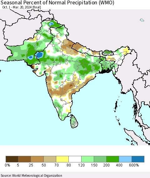 Southern Asia Seasonal Percent of Normal Precipitation (WMO) Thematic Map For 10/1/2023 - 3/20/2024