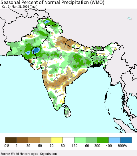 Southern Asia Seasonal Percent of Normal Precipitation (WMO) Thematic Map For 10/1/2023 - 3/31/2024