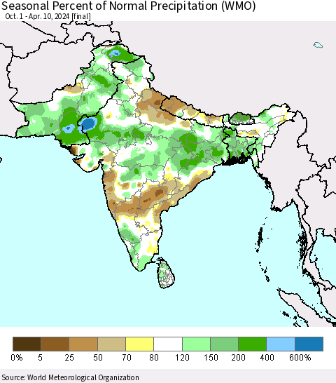 Southern Asia Seasonal Percent of Normal Precipitation (WMO) Thematic Map For 10/1/2023 - 4/10/2024