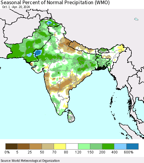 Southern Asia Seasonal Percent of Normal Precipitation (WMO) Thematic Map For 10/1/2023 - 4/20/2024