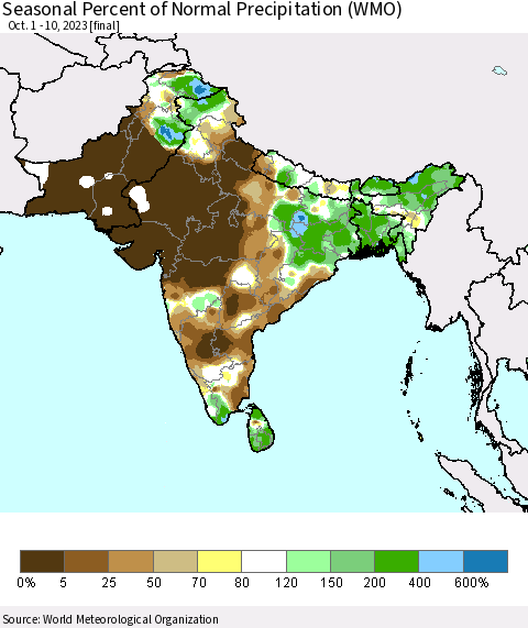 Southern Asia Seasonal Percent of Normal Precipitation (WMO) Thematic Map For 10/1/2023 - 10/10/2023