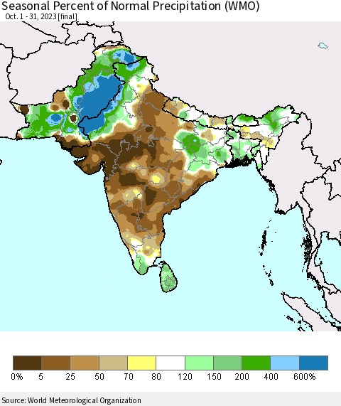 Southern Asia Seasonal Percent of Normal Precipitation (WMO) Thematic Map For 10/1/2023 - 10/31/2023