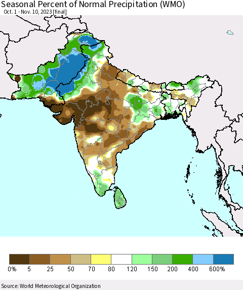 Southern Asia Seasonal Percent of Normal Precipitation (WMO) Thematic Map For 10/1/2023 - 11/10/2023