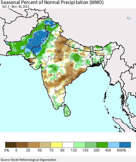 Southern Asia Seasonal Percent of Normal Precipitation (WMO) Thematic Map For 10/1/2023 - 11/30/2023