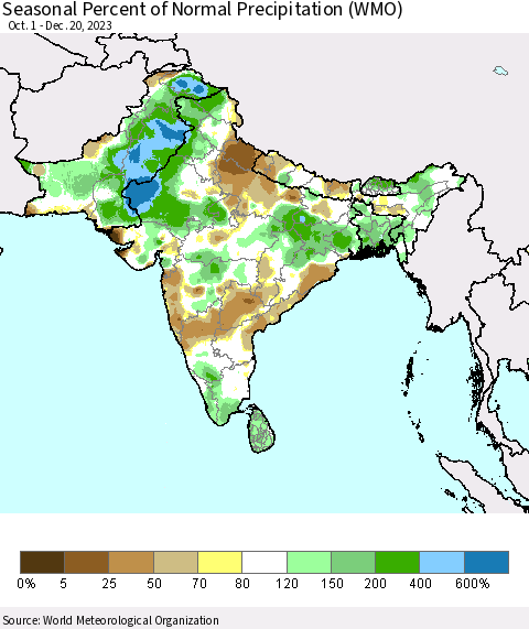 Southern Asia Seasonal Percent of Normal Precipitation (WMO) Thematic Map For 10/1/2023 - 12/20/2023