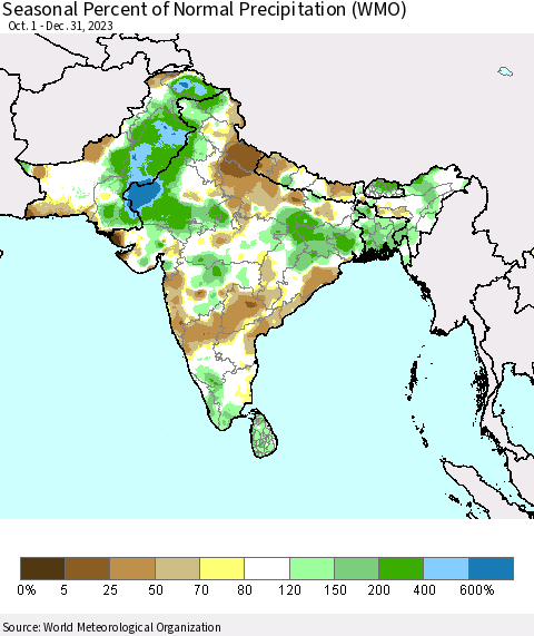 Southern Asia Seasonal Percent of Normal Precipitation (WMO) Thematic Map For 10/1/2023 - 12/31/2023