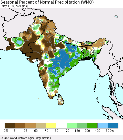 Southern Asia Seasonal Percent of Normal Precipitation (WMO) Thematic Map For 5/1/2024 - 5/10/2024