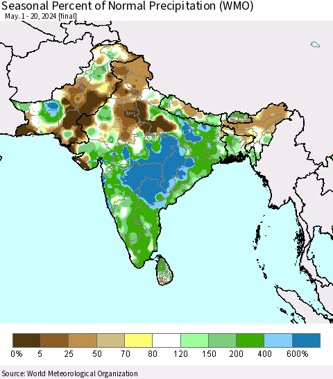 Southern Asia Seasonal Percent of Normal Precipitation (WMO) Thematic Map For 5/1/2024 - 5/20/2024