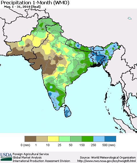 Southern Asia Precipitation 1-Month (WMO) Thematic Map For 5/1/2018 - 5/31/2018