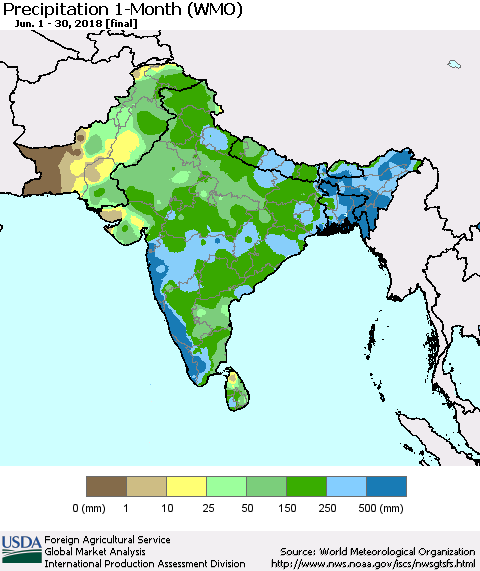 Southern Asia Precipitation 1-Month (WMO) Thematic Map For 6/1/2018 - 6/30/2018