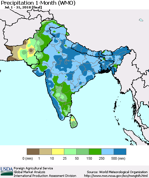 Southern Asia Precipitation 1-Month (WMO) Thematic Map For 7/1/2018 - 7/31/2018