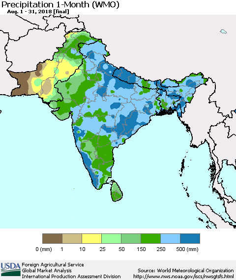 Southern Asia Precipitation 1-Month (WMO) Thematic Map For 8/1/2018 - 8/31/2018