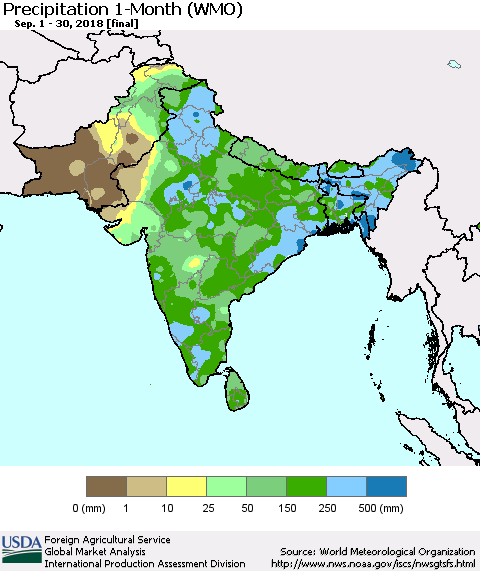Southern Asia Precipitation 1-Month (WMO) Thematic Map For 9/1/2018 - 9/30/2018