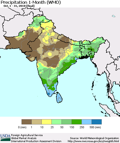 Southern Asia Precipitation 1-Month (WMO) Thematic Map For 10/1/2018 - 10/31/2018