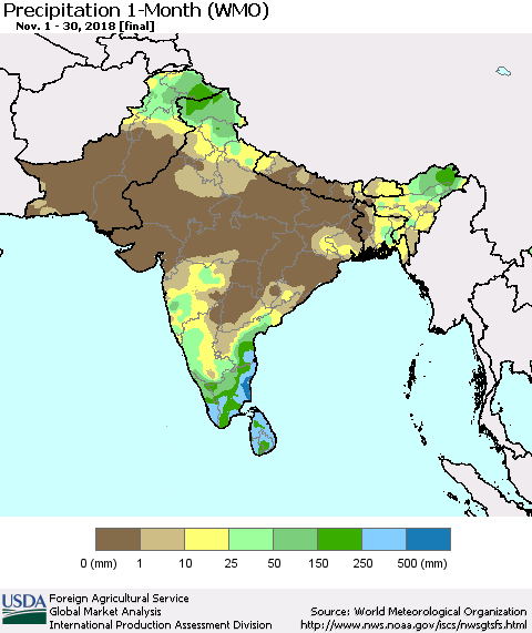 Southern Asia Precipitation 1-Month (WMO) Thematic Map For 11/1/2018 - 11/30/2018
