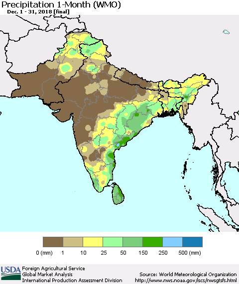 Southern Asia Precipitation 1-Month (WMO) Thematic Map For 12/1/2018 - 12/31/2018